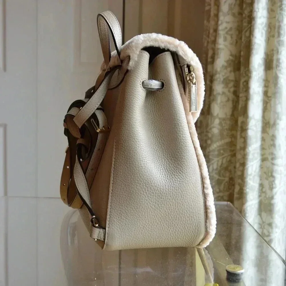 Kate Spade K9398 Leila Flap Backpack Fur Faux Shearling Light Sand